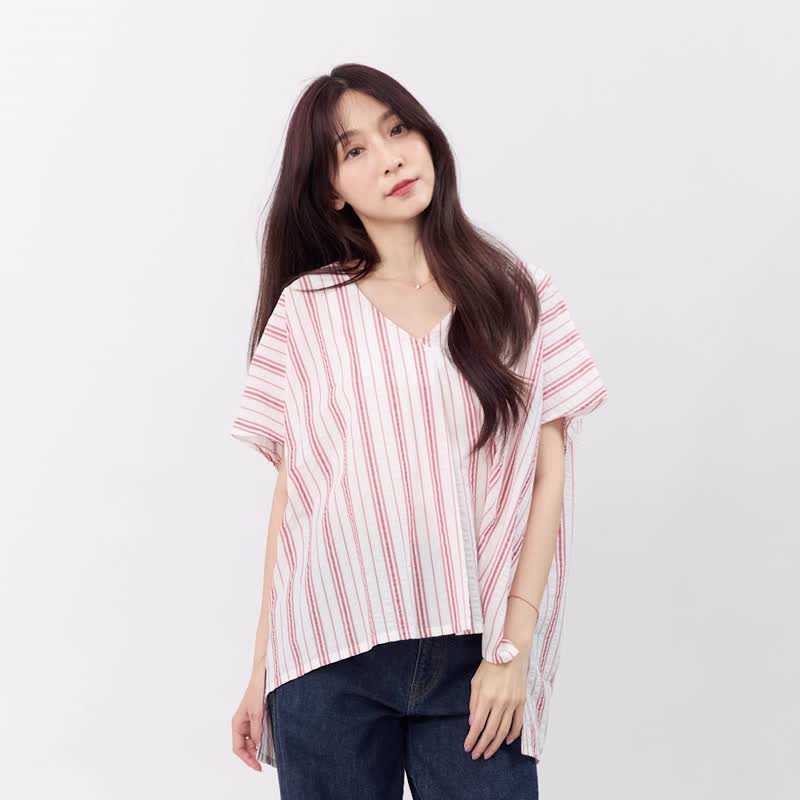 Vicky夏日V領棉質寬上衣/紅白條 - 女襯衫 - 棉．麻 白色