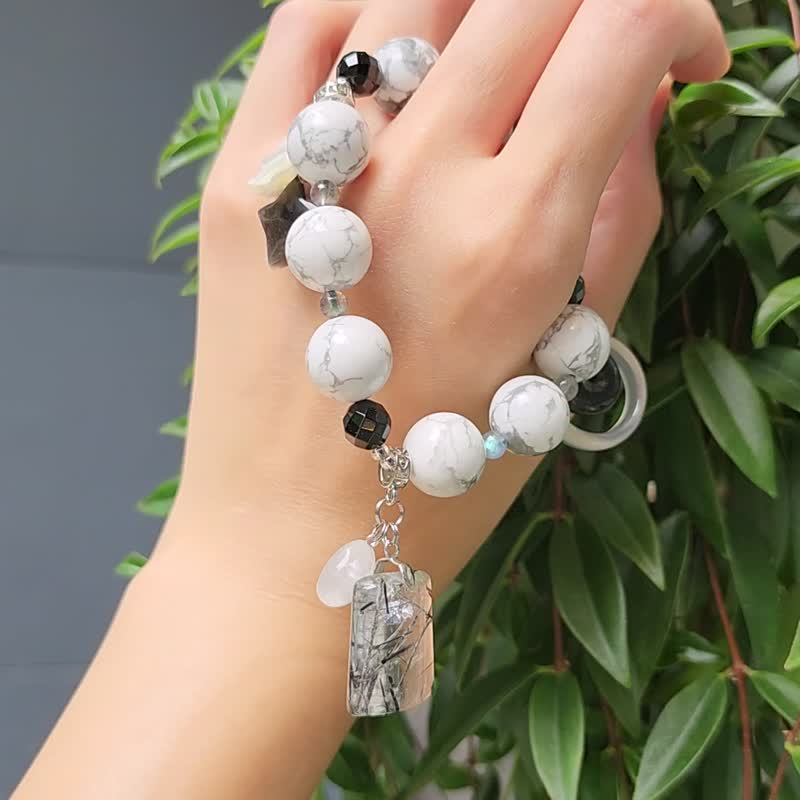 黑髮晶 白松 白水晶 瑪瑙 曜石 硨磲 拉長 碧璽 黑白 手鍊 禮物 - 手鍊/手環 - 寶石 黑色
