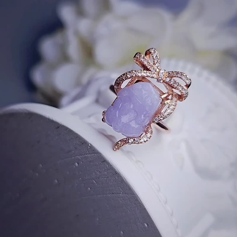 |Lucky beast|Myanmar A-grade jade fine waxy ice Barbie pink purple Pixiu sterling silver 3D bow ring - แหวนทั่วไป - หยก 