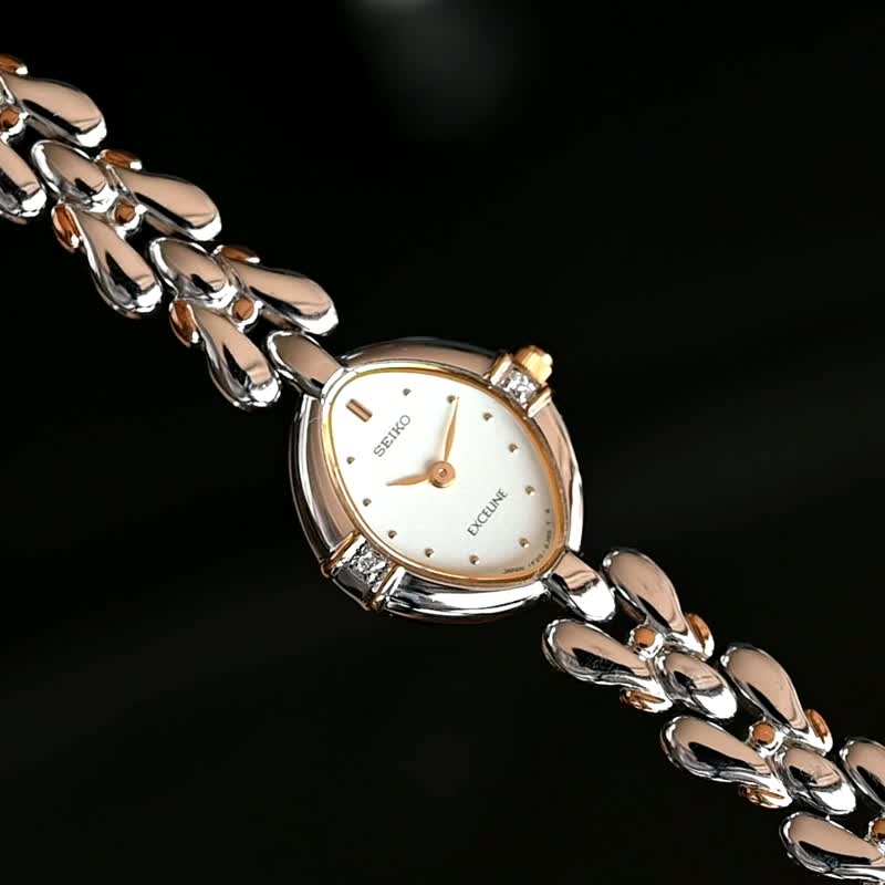 美品 SEIKO EXCELINE 2Pダイヤ 1F20-6B60 レディース 腕時計 クォーツ ホワイト文字盤 コンビカラーベルト 手錶 古董錶 復古手錶 - 女錶 - 不鏽鋼 