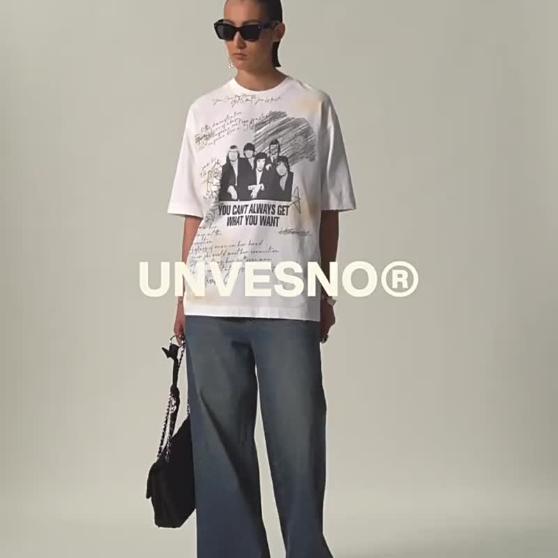Unvesno (UN) 做舊樂隊字母涂鴉復古洗水破洞短袖 SWS-1656 - 男 T 恤 - 棉．麻 白色