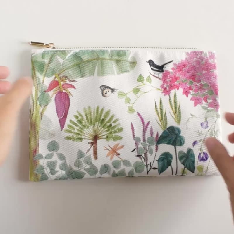 ボタニカル水彩ポーチ：フラットコスメポーチ メタルジッパー付き - コインケース・小銭入れ - コットン・麻 