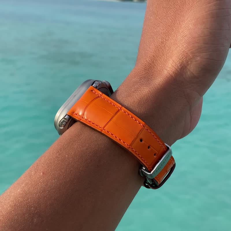 Handmade APPLEWATCH strap (ALLIGATOR French American crocodile | Hermes orange) - Watchbands - Genuine Leather Orange
