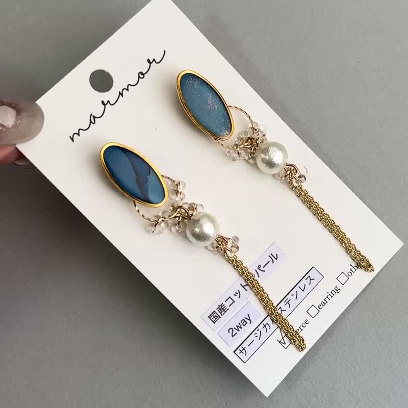 Blue Alcohol Ink 2way Earrings with Cotton Pearl & Czech Glass - Earrings & Clip-ons - Resin Blue