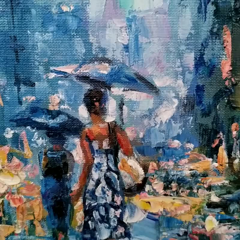 New York Painting Rainy Street Original Art NYC Artwork Umbrella Girl 油畫原作 - โปสเตอร์ - วัสดุอื่นๆ 