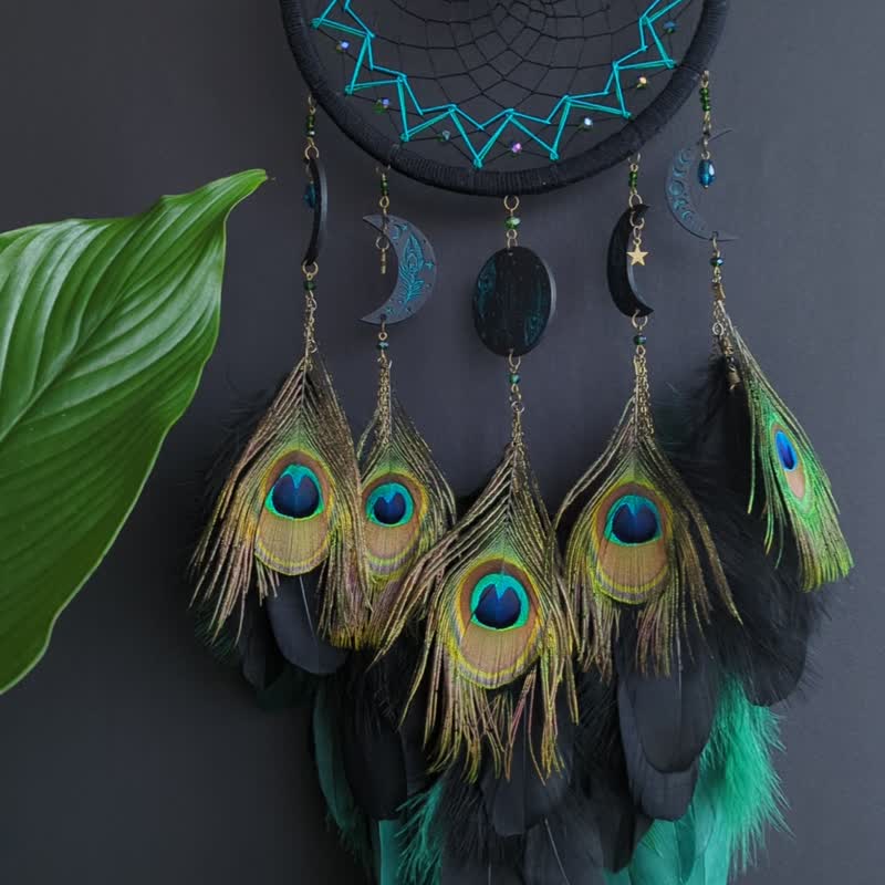Black and Turquoise Green Peacock Dream Catcher with Moon Phases  เครื่องดักฝัน - 壁貼/牆壁裝飾 - 玻璃 黑色