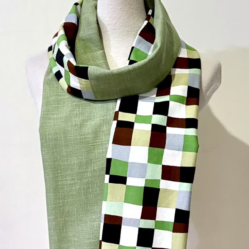 純手作日系清爽竹林綠灰黑咖啡格子日本純棉圍巾披肩 - 圍巾/披肩 - 棉．麻 綠色