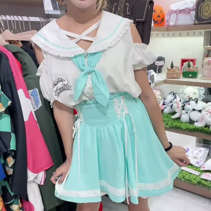 原創三麗鷗SANRIO大耳狗喜拿領結水手服露肩襯衫褲裙套裝【JJ5032 - 洋裝/連身裙 - 棉．麻 