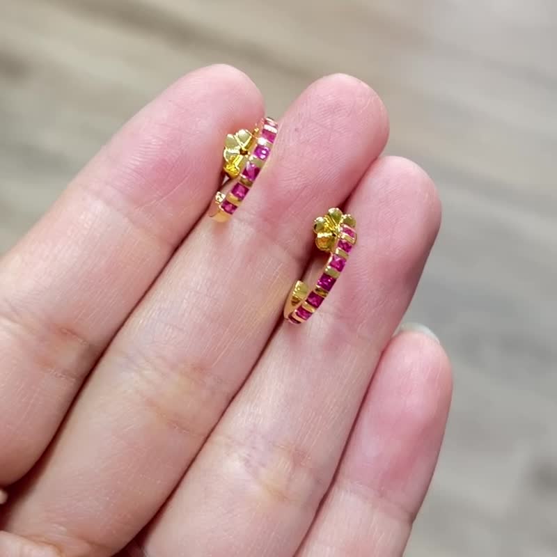 18k yellow gold hoop earrings with natural Burmese ruby - Earrings & Clip-ons - Semi-Precious Stones Pink