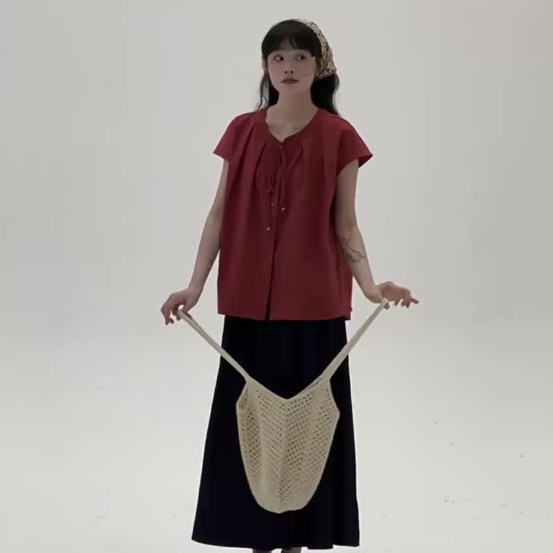 3顏色 領口繫帶小飛袖襯衫 日系復古文藝甜美百搭休閒短袖上衣 - 女襯衫 - 棉．麻 紅色