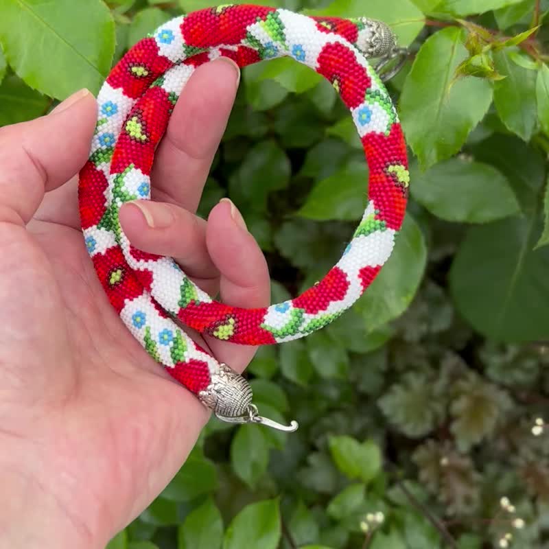 Red Poppy Necklace Floral Necklace Seed Bead Necklace Birthday Gift For Women - 項鍊 - 琉璃 紅色