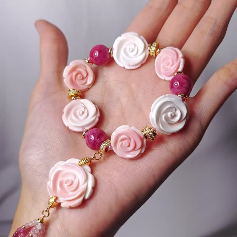 頂級女皇貝 玫瑰 薔薇輝 碧璽流蘇 富貴 人緣 手鍊 單品 禮物 - 手鍊/手環 - 寶石 紅色