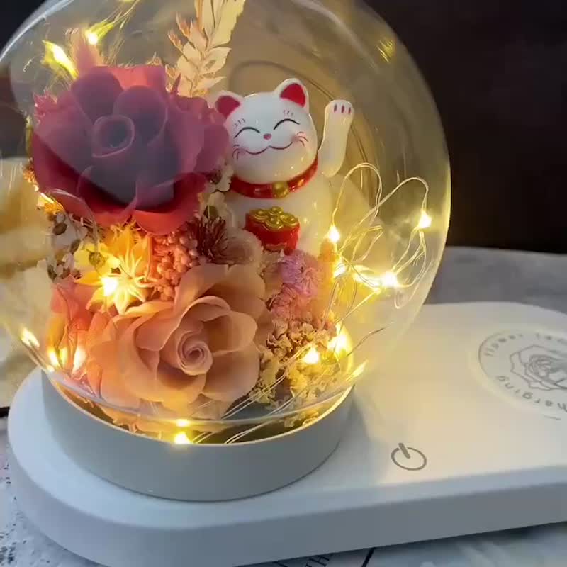 2F [Lucky Cat Flower Lamp] Opening Ceremony/Night Lamp/Lucky Item/Store Decoration/Crystal Ball/ - ช่อดอกไม้แห้ง - แก้ว สึชมพู