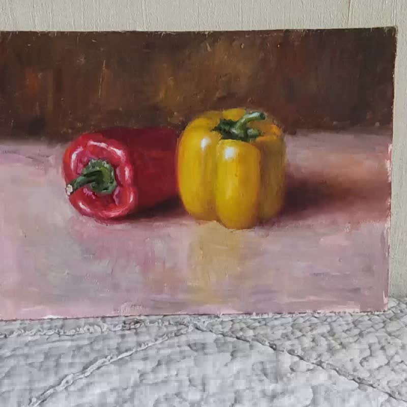 Still life painting Original Art Red and Yellow pepper artwork - โปสเตอร์ - วัสดุอื่นๆ สีแดง