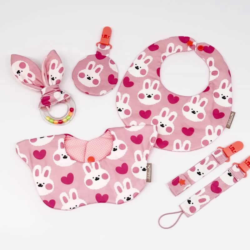 [Bibi Bear] Sweetheart Pink Rabbit Bib Peace Talisman Bag Pacifier Chain Mid-Moon Set - Bibs - Cotton & Hemp Pink