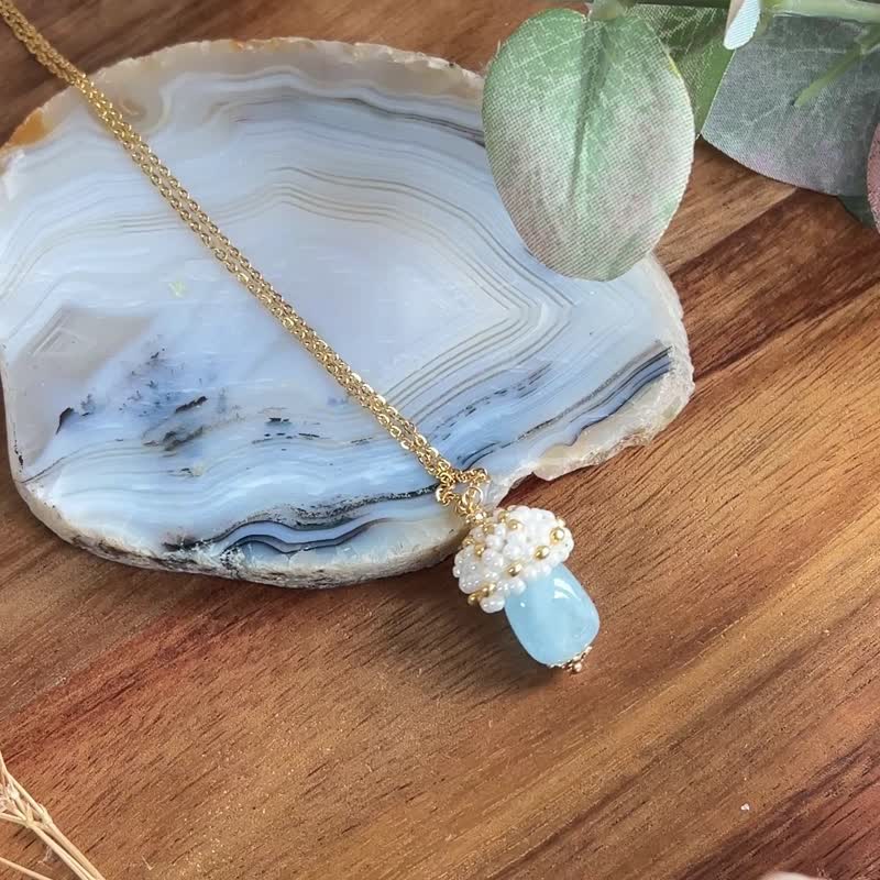 玻璃米珠x天然石 海藍寶 蘑菇吊墜 - 項鍊 - 水晶 藍色