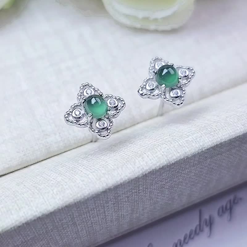 |Blue water|Myanmar A-grade jade ice glass blue water luminous egg surface sterling silver lace basket empty four-leaf clover earrings - ต่างหู - หยก 