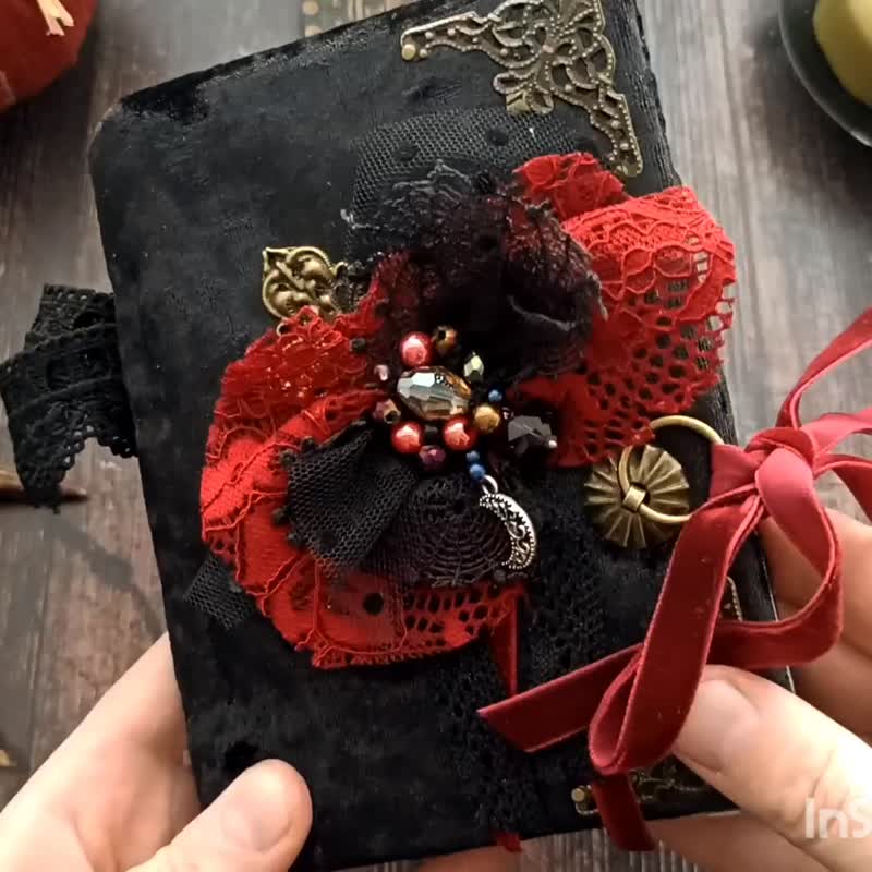 Gothic witch grimoire junk journal handmade Dark Lace black vampire notebook - 筆記本/手帳 - 紙 黑色