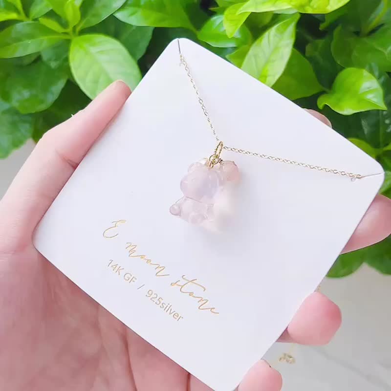 Dudu Sitting Bear Natural Pink Crystal Popular Peach Blossom Necklace 14K - Necklaces - Crystal Pink