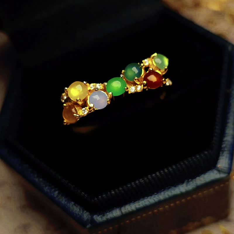 招財•轉運|馬卡龍冰玻放光多寶彩虹|緬甸A貨翡翠純銀蝴蝶結戒指 - 戒指 - 玉石 