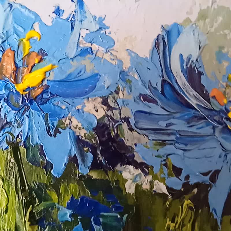 Honeybee painting Original art Flower Wall Art Oil painting - โปสเตอร์ - วัสดุอื่นๆ สีน้ำเงิน