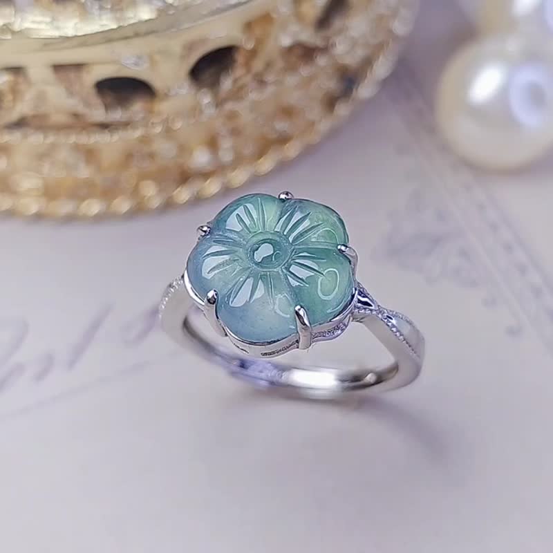 Rich Flowers | Gradient Spring Blue Flowers | Grade A Jadeite Ice Glass Blue Plum Blossom Pure Silver Simple Ring - General Rings - Jade 