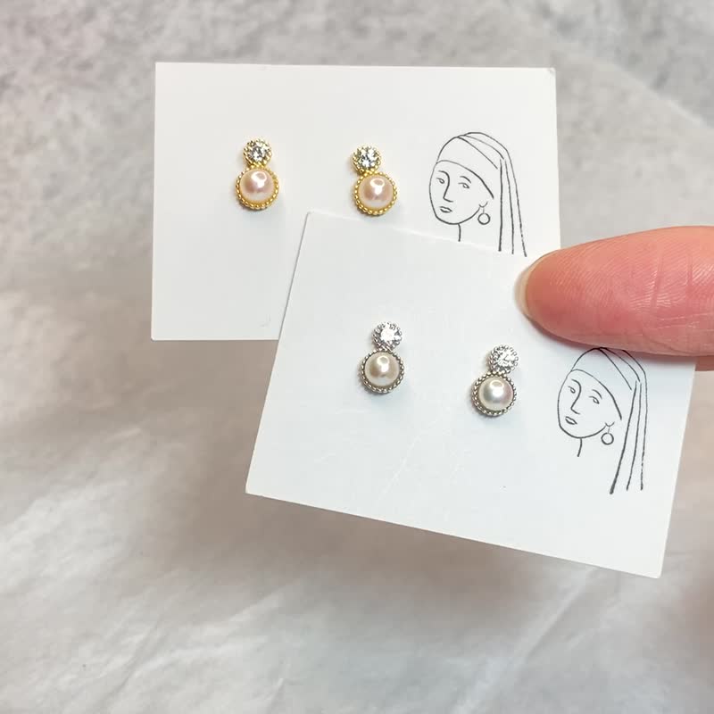 Little Belly - Freshwater Pearl sterling silver ear studs - ต่างหู - เงินแท้ สีทอง