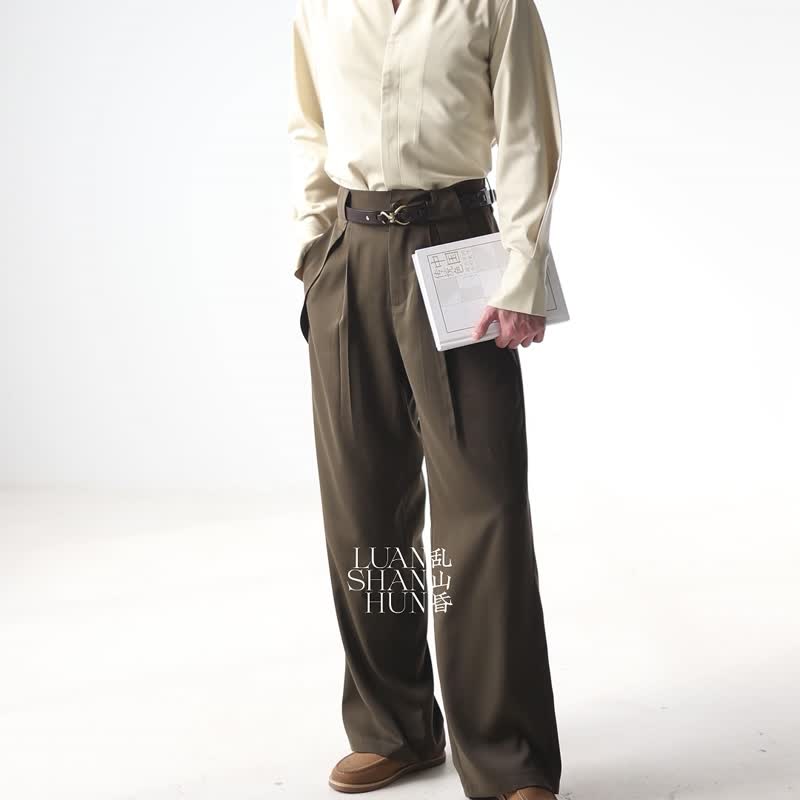 Luanshanhun new Chinese style casual wide-leg trousers straight mid-waist summer drape thin dark green - กางเกงขายาว - เส้นใยสังเคราะห์ 