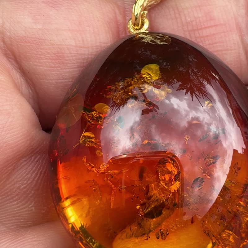 Cognac golden amber pendant with beautiful glitters, Ukrainian amber shop - Necklaces - Semi-Precious Stones Gold