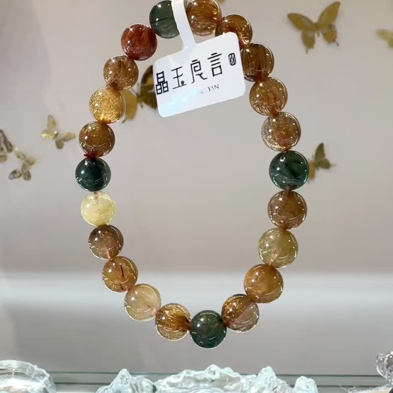 High-quality earth-colored cat-eye hair crystal with strong luster 9mm 23.84g. Positive wealth, partial wealth, confidence, enhance aura and luck. - Bracelets - Crystal Multicolor