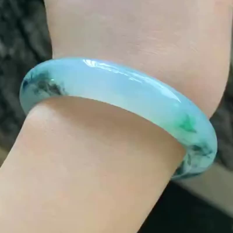 冰種翡翠天然翡翠玉鐲A玉手鐲 玉鈪 • 冰種青苔飄花翡翠福鐲 - 手鍊/手環 - 玉石 綠色