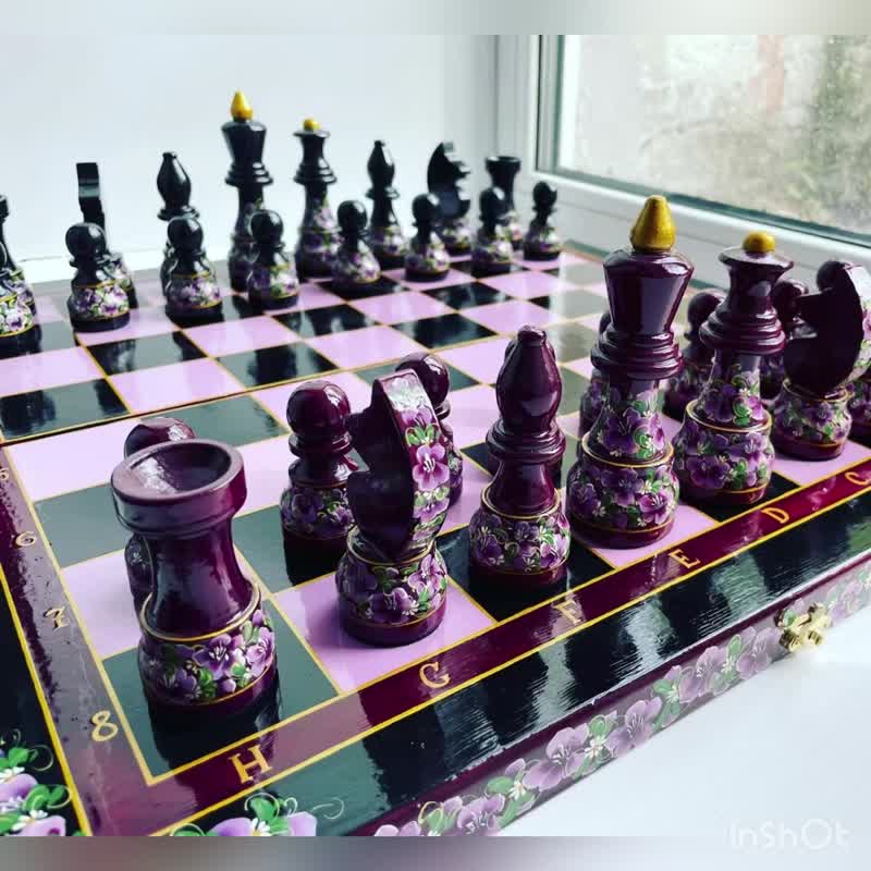 Handmade chess set with author's painting, lilac flowers, gift chess - บอร์ดเกม - ไม้ สีม่วง