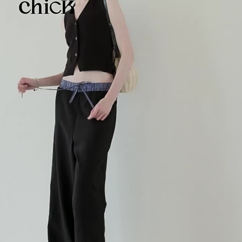 Black plaid double waistband drawstring patchwork wide pants loose suit casual trousers - กางเกงขายาว - ผ้าฝ้าย/ผ้าลินิน สีดำ