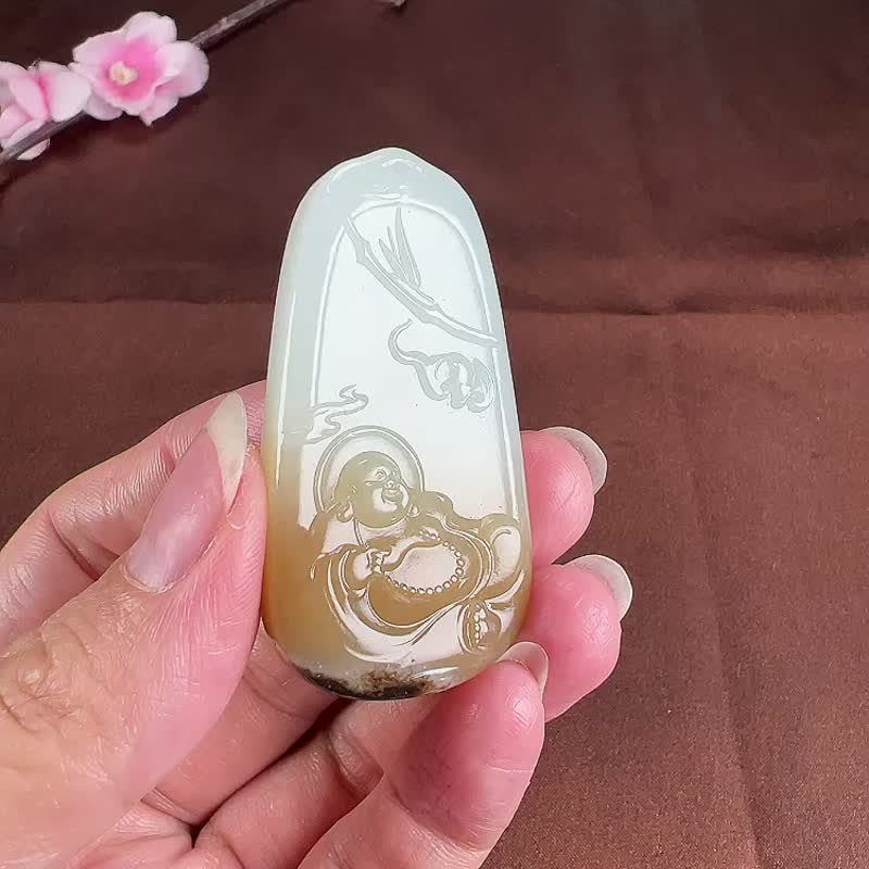 秒殺價 天然新疆和田玉且末糖三色彌勒佛吊墜 玉質細膩溫潤 - 吊飾/掛飾 - 玉石 