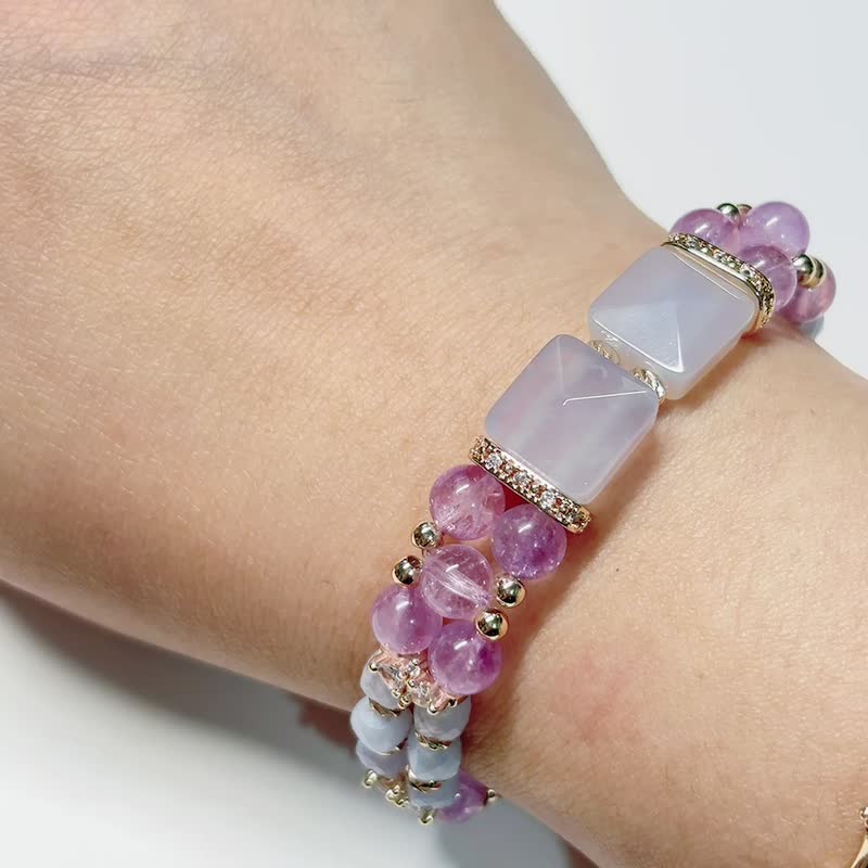 【Customized】Blue veined agate. Lavender amethyst l design double row bracelet - Bracelets - Crystal Purple