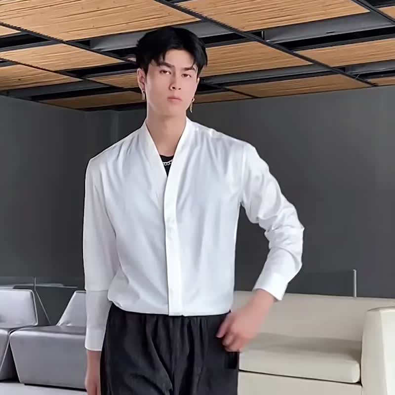 【推薦】春季V領休閑長袖襯衫 男士上衣 - 男襯衫/休閒襯衫 - 聚酯纖維 黑色