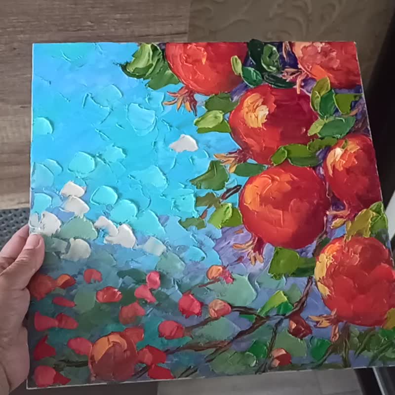 Pomegranates on Branch Oil Painting on Panel 12x12in Fruits Original Art - 海報/掛畫/掛布 - 其他材質 多色