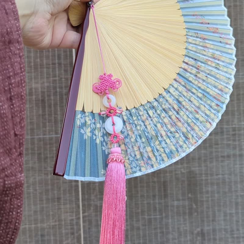 Folding fan silk lady folding fan phoenix pink safety buckle pendant set fan - Fans - Bamboo Pink