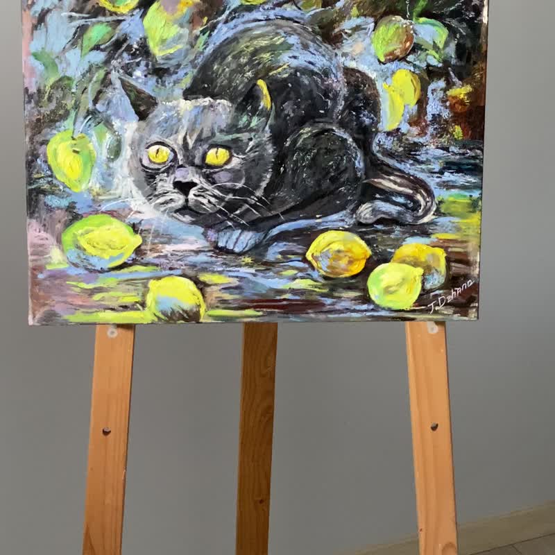 Cat in Lemons. Original Oil Painting on Stretched Canvas - โปสเตอร์ - วัสดุอื่นๆ หลากหลายสี