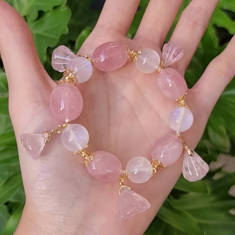 粉晶 蓮蓬 藍月光石 靈性第三眼 智慧 愛情 人緣 手鍊 單品 禮物 - 手鍊/手環 - 寶石 粉紅色