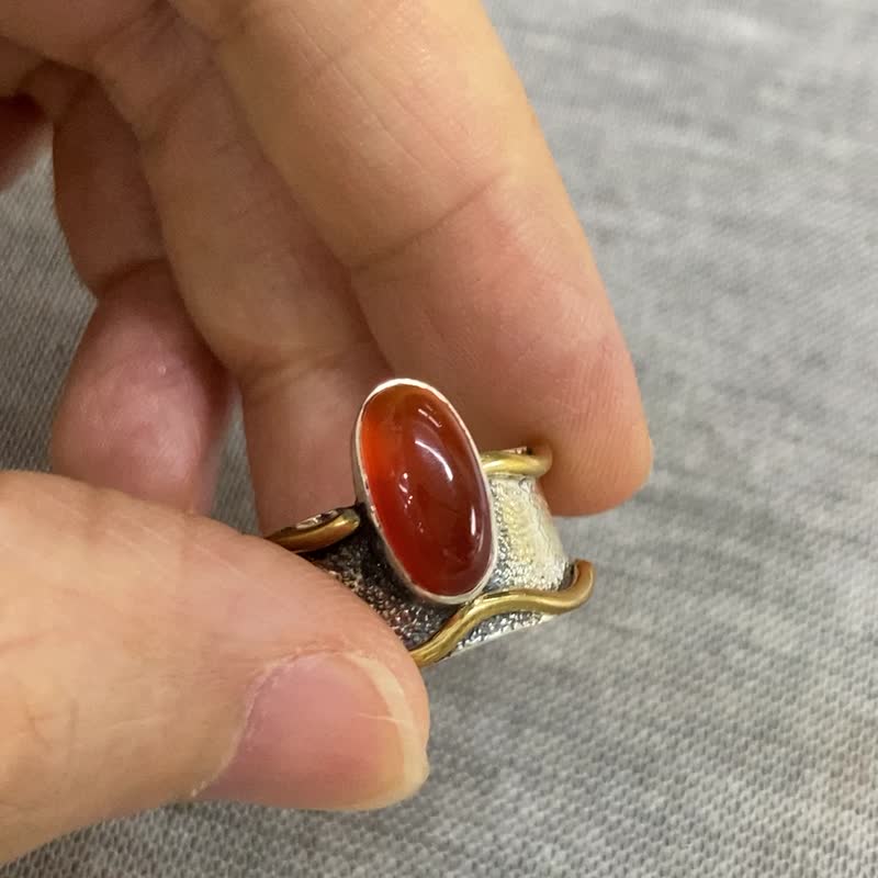 Natural Orange Onyx Ring Nepal Handmade 925 Sterling Bronze - แหวนทั่วไป - หยก สีส้ม