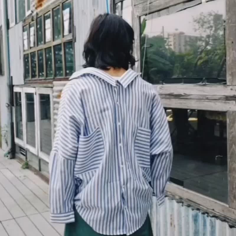 Unlocked back side shirt (blue stripe) - 男裝 恤衫 - 棉．麻 藍色