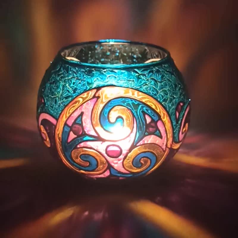 Celtic Spirals Glass Candle Holder Tealight Holder Turquoise Purple Votive - 香氛蠟燭/燭台 - 玻璃 紫色