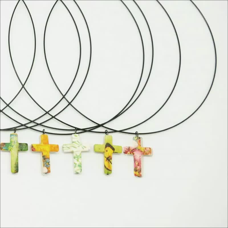 Découpage Fine Clematis Colored Stone Big Cross Choker Necklace - Necklaces - Other Metals Multicolor