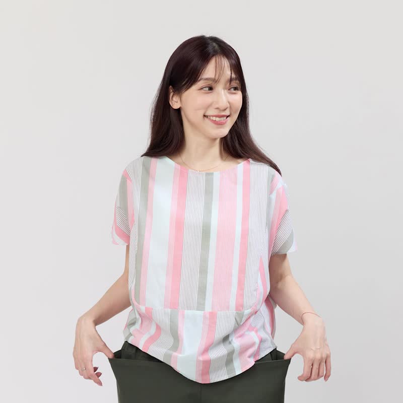Debbie 方型小蓋袖拼接棉質直條上衣/綠粉條 - 女上衣/長袖上衣 - 棉．麻 白色