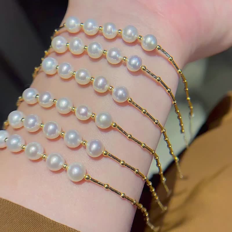 【WhiteKuo】18k gold natural freshwater pearl bracelet - Bracelets - Pearl White