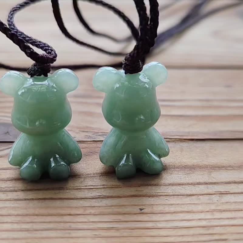 Pro-Cui Natural Jadeite Ice Oil Green Sitting Bear Adjustable Rope Chain - Necklaces - Jade 