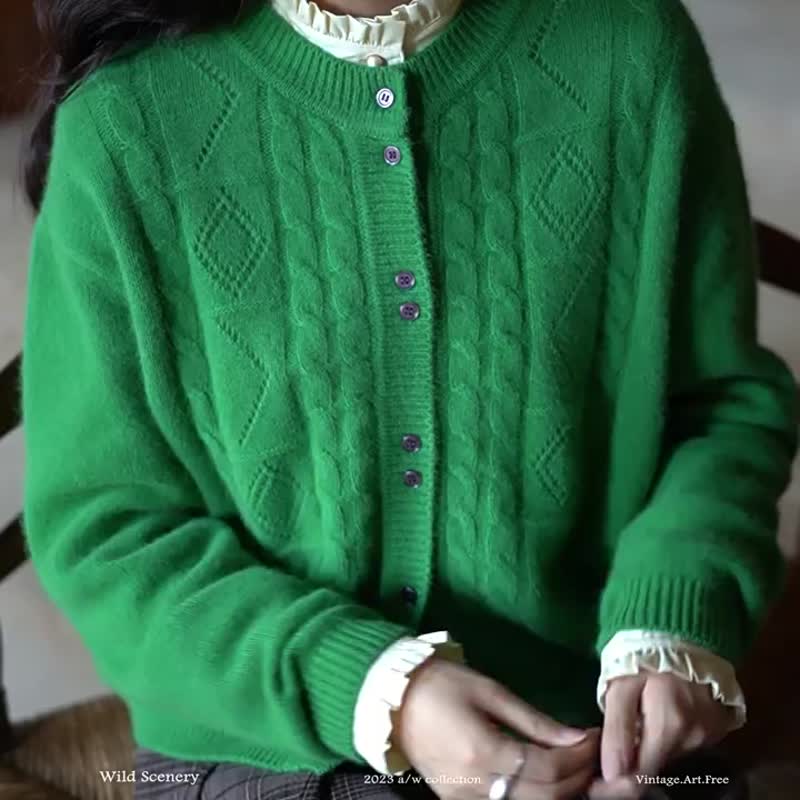 松綠色 法式復古兔毛絞花針織開衫外套 圓領秋冬針織毛衣 - 女毛衣/針織衫 - 羊毛 綠色