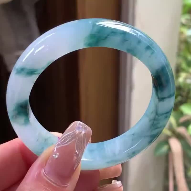 冰種翡翠天然翡翠玉鐲 A玉手鐲 玉鈪 • 冰種水墨丹青翡翠福鐲 - 手鍊/手環 - 玉石 藍色