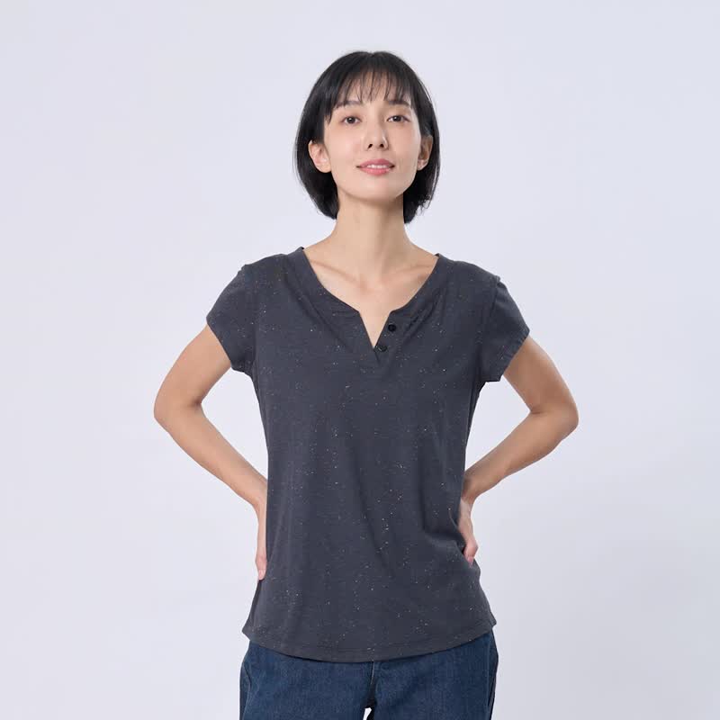星彩棉小開襟雙扣T恤上衣黑 - 女 T 恤 - 棉．麻 黑色
